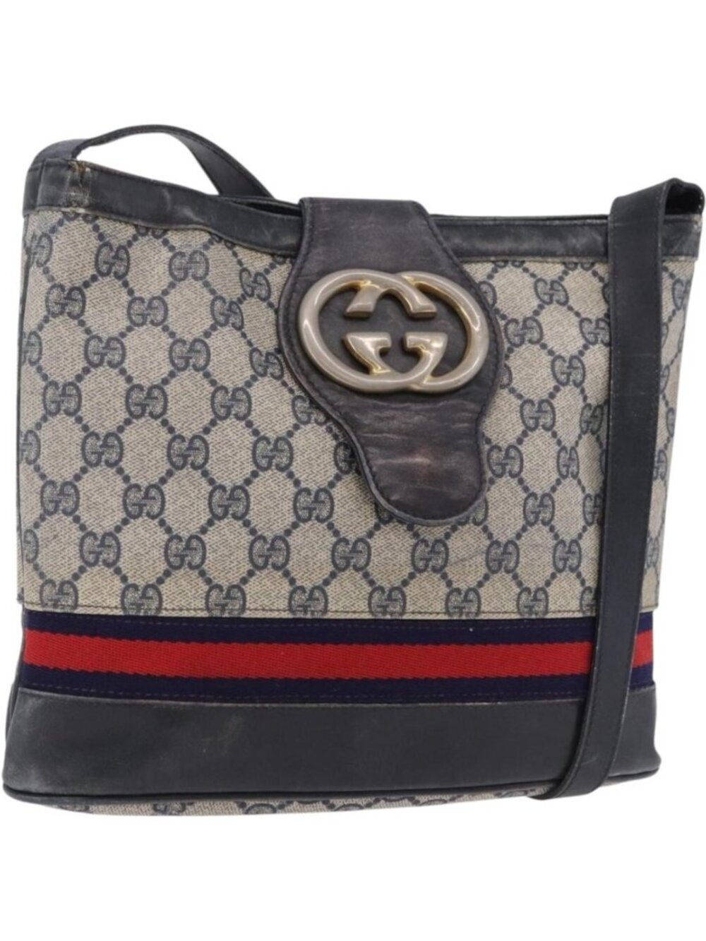 GUCCI GG Supreme Shoulder Bag PVC Leather Navy Gold Tone